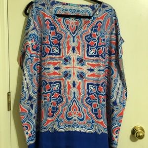 J. McLaughlin 100% Silk Oversized Blue Coral Print Poncho Style V-Neck Top Large